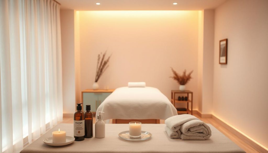 A serene, minimalist scene of a cozy, elegant massage parlor interior. The space features warm, soft lighting that casts a gentle glow, creating a tranquil atmosphere. The foreground showcases a neatly arranged table with massage oils, towels, and other soothing accoutrements. In the middle ground, a plush massage table takes center stage, inviting the viewer to imagine the relaxation and rejuvenation to be found within. The background gently fades into a neutral, calming palette, drawing the eye towards the focal point of the massage service. The overall impression is one of comfort, professionalism, and a promise of a restorative experience.