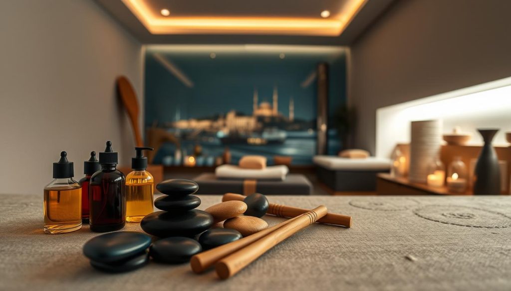 A serene, minimalist scene showcasing the diverse massage offerings of Istanbul. In the foreground, a tranquil display of massage oils, stones, and wooden utensils, arranged with care. The middle ground features a soothing, dimly lit spa-like setting, with soft lighting and calming colors. In the background, a hint of the city's iconic architecture, hinting at the rich cultural tapestry that informs Istanbul's vibrant massage traditions. The overall atmosphere evokes a sense of relaxation, wellness, and the city's unique fusion of East and West.