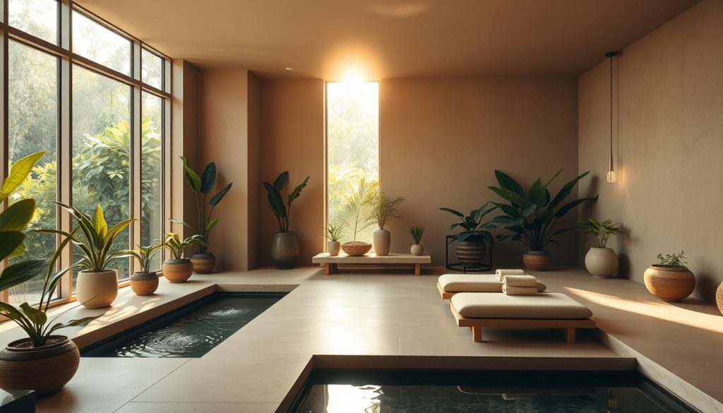 A serene, minimalist spa nestled in a lush, verdant oasis. Sunlight filters through large windows, casting a warm, natural glow across the space. Smooth, organic surfaces in earthy tones create a calming ambiance. Potted plants and natural materials like wood and stone blend seamlessly with the architecture. A tranquil water feature adds a soothing soundtrack, while soft, diffused lighting sets a relaxing mood. Minimalist, Scandinavian-inspired furnishings invite guests to unwind and indulge in holistic wellness treatments. The overall atmosphere exudes a sense of harmony with nature, offering an escape from the bustling city.