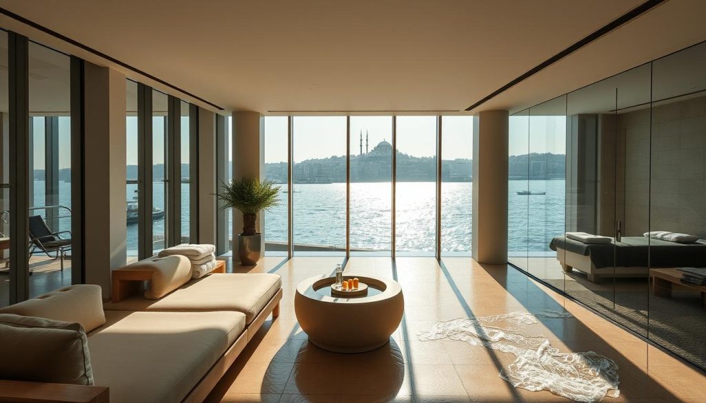 A serene oasis amidst the bustling city, a luxurious spa nestled along the Bosphorus coastline. Sunlight filters through floor-to-ceiling windows, casting a warm glow on the sleek, modern interior. Plush, minimalist furnishings invite visitors to unwind, while the soothing sound of flowing water creates a tranquil ambiance. Elegant glass-enclosed treatment rooms offer panoramic views of the sparkling azure waters and the historic Istanbul skyline beyond. Guests indulge in rejuvenating massages, facials, and body treatments, surrounded by the city's most breathtaking natural landscapes. This is the essence of Istanbul's finest spa destinations, where relaxation and wellness intertwine with the beauty of the Bosphorus.