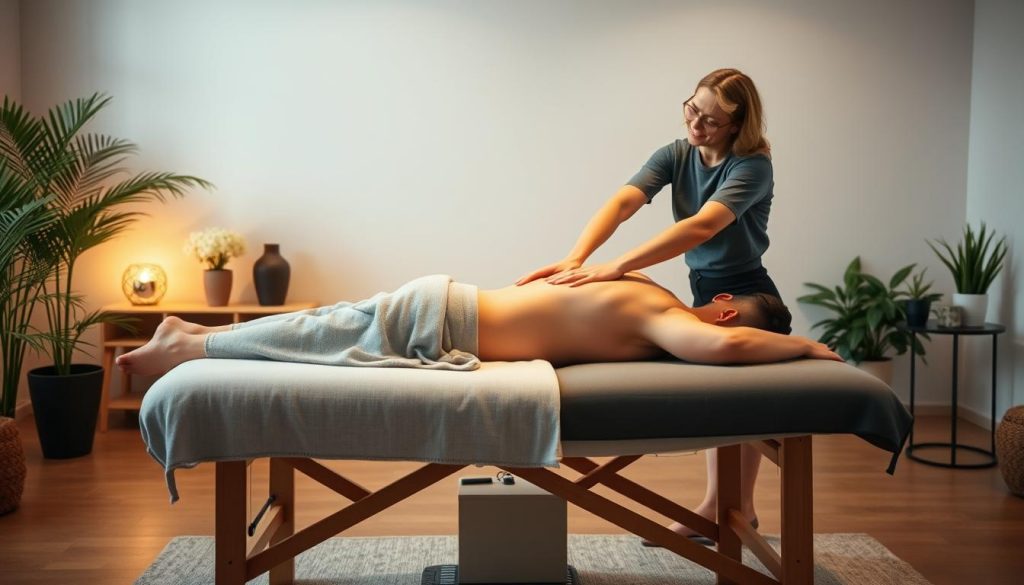A serene office scene with a relaxing massage session in progress. The subject lies on a comfortable massage table, their back exposed as a skilled masseuse's hands gently knead the tension away. Soft, warm lighting illuminates the tranquil space, creating a soothing atmosphere. Subtle plant life and minimalist decor add a sense of natural calm. The angle captures the massage from a three-quarter view, showcasing the masseuse's technique and the subject's blissful expression. An inspiring visualization of the office-friendly massage techniques described in the article.