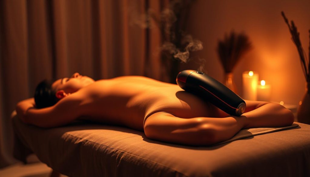 A serene, personalized massage experience unfolds in a cozy, dimly lit room. Soft, ambient lighting casts a warm glow, creating an intimate and relaxing atmosphere. Plush, inviting textures of the massage table and linens beckon the body to sink into deep relaxation. Aromatic essential oils diffuse, enveloping the senses in a calming, therapeutic fragrance. The electric massage device glides smoothly over contoured muscles, delivering a targeted, soothing pressure that melts away tension and stress. An atmosphere of tranquility and rejuvenation pervades the scene, inviting the viewer to immerse themselves in a deeply restorative, personalized massage experience. A serene, personalized massage experience unfolds in a cozy, dimly lit room. Soft, ambient lighting casts a warm glow, creating an intimate and relaxing atmosphere. Plush, inviting textures of the massage table and linens beckon the body to sink into deep relaxation. Aromatic essential oils diffuse, enveloping the senses in a calming, therapeutic fragrance. The electric massage device glides smoothly over contoured muscles, delivering a targeted, soothing pressure that melts away tension and stress. An atmosphere of tranquility and rejuvenation pervades the scene, inviting the viewer to immerse themselves in a deeply restorative, personalized massage experience.