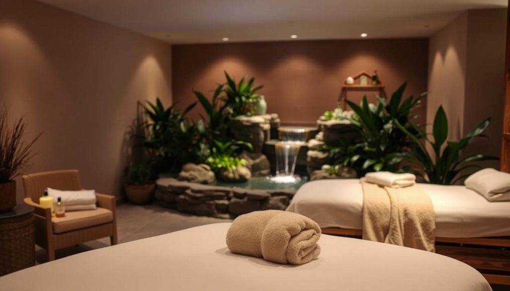 A serene spa interior with dim lighting and soft, natural textures. In the foreground, a massage table with white linens and a selection of aromatherapy oils and lotions. Plush, earth-toned towels and a cozy robe on a nearby chair. The middle ground features a soothing water feature, perhaps a small fountain or cascading waterfall, surrounded by lush, verdant plants. In the background, the walls are adorned with warm, natural materials like stone or wood, creating a calming, restorative atmosphere. The lighting is soft and diffused, casting a gentle glow throughout the space, and the overall mood is one of tranquility and relaxation.