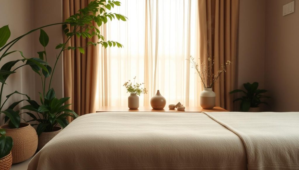 A serene, spa-like scene showcasing a tranquil wellness and massage experience. A plush, inviting massage table sits in the foreground, surrounded by lush, verdant foliage and soft natural lighting filtering through sheer curtains. Calming, muted tones of green, tan, and soft gray create a soothing ambiance. Delicate, fragrant flowers adorn the space, and a diffuser emits gentle wisps of steam, enhancing the sense of relaxation. The scene evokes a high-end, luxurious wellness retreat in the heart of Istanbul, where one can indulge in the ultimate self-care experience. A serene, spa-like scene showcasing a tranquil wellness and massage experience. A plush, inviting massage table sits in the foreground, surrounded by lush, verdant foliage and soft natural lighting filtering through sheer curtains. Calming, muted tones of green, tan, and soft gray create a soothing ambiance. Delicate, fragrant flowers adorn the space, and a diffuser emits gentle wisps of steam, enhancing the sense of relaxation. The scene evokes a high-end, luxurious wellness retreat in the heart of Istanbul, where one can indulge in the ultimate self-care experience.