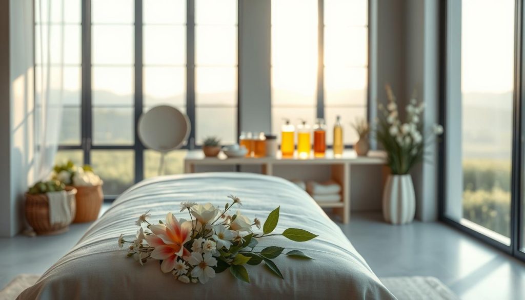 A serene spa-like setting, with a soothing color palette of soft grays, blues, and whites. In the foreground, a tranquil massage table draped in luxurious linens, surrounded by delicate flowers and lush greenery. Subtle ambient lighting casts a warm, calming glow, creating an atmosphere of total relaxation. In the middle ground, glass jars filled with natural skincare ingredients sit atop a clean, minimalist wooden shelf. The background depicts a serene, sun-dappled landscape visible through large windows, hinting at the restorative power of nature. The overall scene conveys a sense of holistic well-being, where massage and skincare are intertwined for a harmonious, healthy glow. A serene spa-like setting, with a soothing color palette of soft grays, blues, and whites. In the foreground, a tranquil massage table draped in luxurious linens, surrounded by delicate flowers and lush greenery. Subtle ambient lighting casts a warm, calming glow, creating an atmosphere of total relaxation. In the middle ground, glass jars filled with natural skincare ingredients sit atop a clean, minimalist wooden shelf. The background depicts a serene, sun-dappled landscape visible through large windows, hinting at the restorative power of nature. The overall scene conveys a sense of holistic well-being, where massage and skincare are intertwined for a harmonious, healthy glow.