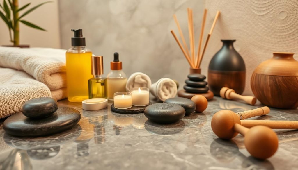 A serene spa-like setting with a variety of massage therapy techniques on display. Soft lighting illuminates polished stone surfaces, plush fabrics, and natural elements like bamboo and river rocks. Textured oils and lotions are arranged neatly, alongside an array of massage tools and instruments - heated stones, wooden mallets, and therapeutic aromatherapy diffusers. The atmosphere exudes a sense of tranquility and rejuvenation, inviting the viewer to envision the restorative experience of personalized massage treatments tailored to individual needs.