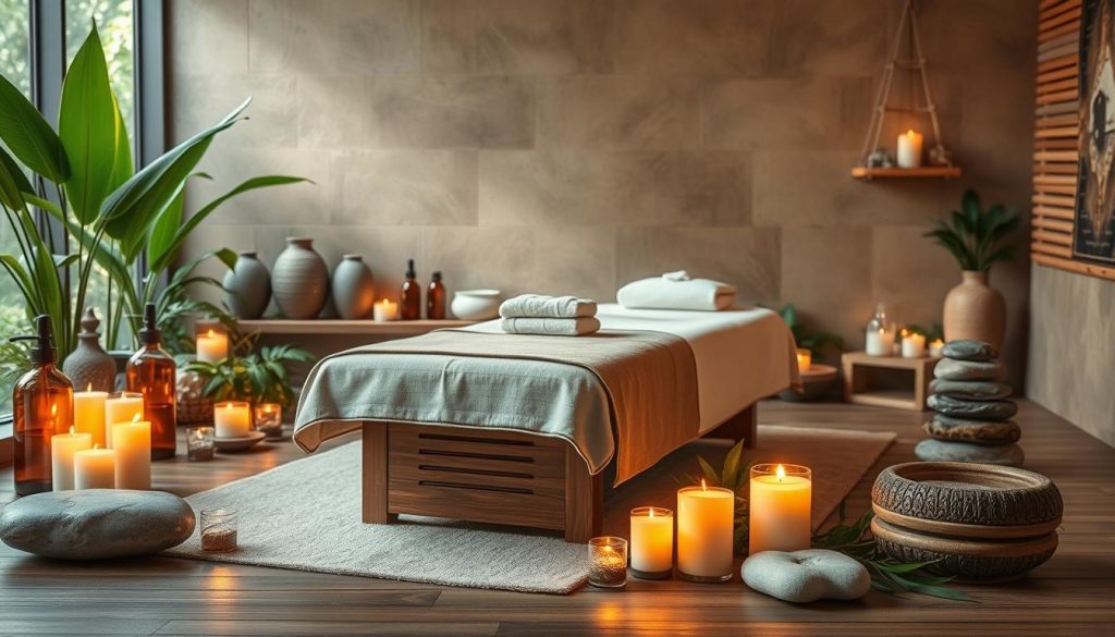A serene spa-like setting with an array of aromatherapy oils, candles, and natural elements. A centerpiece massage table is bathed in warm, soft lighting, creating a calming ambiance. Lush greenery and soothing textures like stone and wood surround the scene, evoking a sense of relaxation and rejuvenation. The composition emphasizes balance, harmony, and the therapeutic power of touch, reflecting the focus on immune-boosting massage techniques.