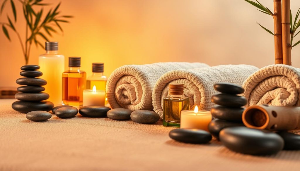A serene spa-like setting with an array of massage modalities artfully displayed. Warm, diffused lighting illuminates a collection of massage tools and accessories - smooth river stones, fragrant oils, plush towels, and bamboo accents. The scene evokes a sense of tranquility and the calming effects of various massage techniques - from deep tissue to lymphatic drainage, hot stone to Swedish. The composition is balanced, with each element thoughtfully arranged to create an inviting, therapeutic atmosphere. The image aims to visually convey the diverse wellness benefits of different massage therapies in managing stress. A serene spa-like setting with an array of massage modalities artfully displayed. Warm, diffused lighting illuminates a collection of massage tools and accessories - smooth river stones, fragrant oils, plush towels, and bamboo accents. The scene evokes a sense of tranquility and the calming effects of various massage techniques - from deep tissue to lymphatic drainage, hot stone to Swedish. The composition is balanced, with each element thoughtfully arranged to create an inviting, therapeutic atmosphere. The image aims to visually convey the diverse wellness benefits of different massage therapies in managing stress.