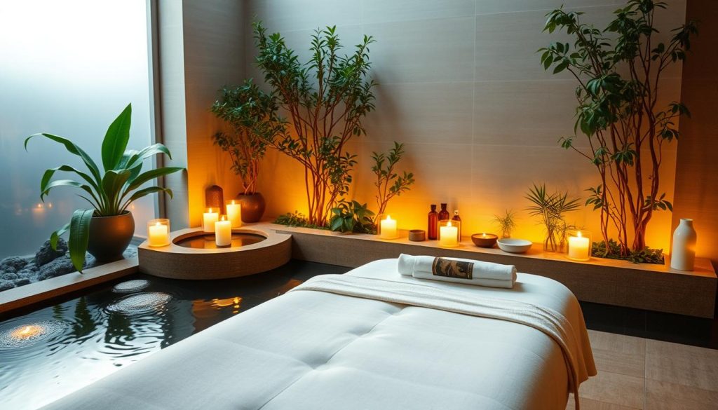 A serene spa-like setting with soft, warm lighting illuminating a tranquil massage table surrounded by soothing greenery and calming water features. The table is adorned with plush, white linens and an array of massage oils and tools, hinting at the restorative and rejuvenating benefits of the massage experience. The atmosphere evokes a sense of relaxation, balance, and well-being, capturing the essence of the "Masajın Faydaları" section.