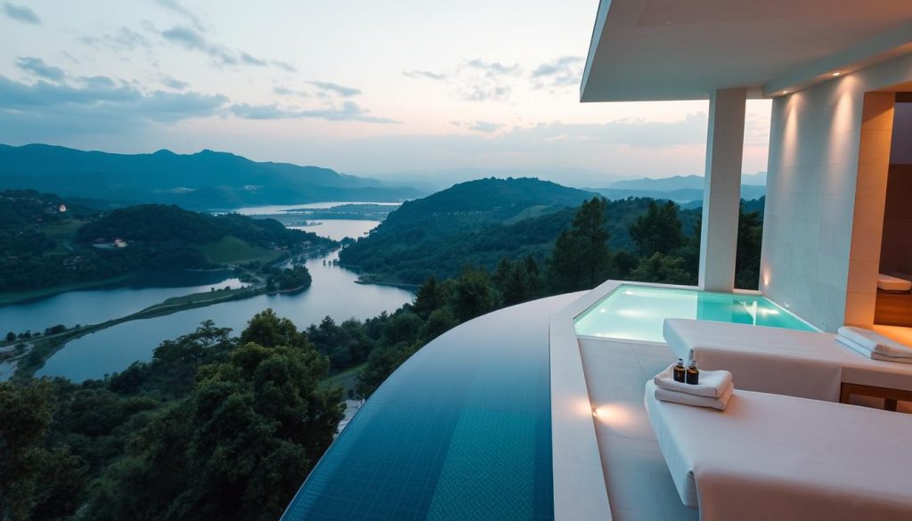 A serene spa retreat nestled amidst the picturesque landscapes of Türkiye. Breathtaking vistas of rolling hills, tranquil lakes, and lush greenery set the stage for a rejuvenating wellness experience. Elegant, minimalist architecture blends seamlessly with the natural surroundings, creating a sense of harmony and balance. Soft, diffused lighting casts a warm, inviting glow, while the scent of soothing essential oils permeates the air. Beautifully appointed treatment rooms offer a haven of relaxation, where guests can indulge in rejuvenating aromatherapy massages and nourishing body treatments. A luxurious outdoor pool, surrounded by verdant gardens, beckons visitors to unwind and reconnect with nature. This idyllic spa sanctuary embodies the essence of holistic well-being, inviting guests to escape the stresses of everyday life and immerse themselves in a serene oasis of tranquility.