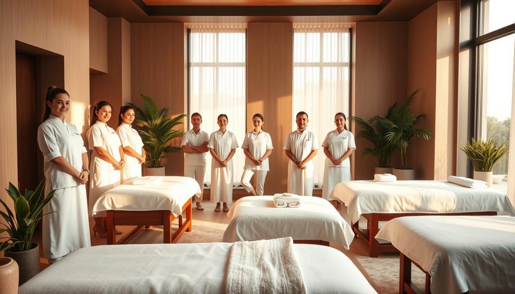 A serene spa setting in Beylikdüzü, Istanbul, featuring a group of skilled massage therapists dressed in crisp white uniforms. The room is bathed in warm, natural lighting that filters through large windows, casting a soft glow on the sleek, modern decor. Plush massage tables are arranged in a welcoming, inviting layout, surrounded by tranquil houseplants and soothing aromatherapy diffusers. The masseuses stand ready, their expressions exuding professionalism and a keen focus on providing a restorative, rejuvenating experience for their clients. The overall atmosphere conveys a sense of relaxation, wellness, and exceptional service that Beylikdüzü is known for.