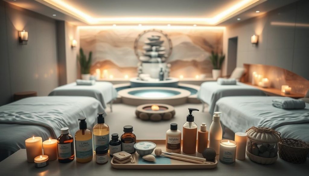 A serene spa setting showcasing various massage options. Soft lighting illuminates a cozy, inviting space with plush massage tables draped in crisp, white linens. Aromatic candles flicker, emanating calming scents. In the foreground, an array of massage oils, lotions, and tools are neatly arranged, hinting at the rejuvenating treatments available. The middle ground features a tranquil water feature, its gentle sounds fostering a sense of relaxation. The background depicts a soothing palette of natural hues, evoking an atmosphere of tranquility and wellness. This image conveys the high-quality, yet affordable, spa experiences highlighted in the article section. A serene spa setting showcasing various massage options. Soft lighting illuminates a cozy, inviting space with plush massage tables draped in crisp, white linens. Aromatic candles flicker, emanating calming scents. In the foreground, an array of massage oils, lotions, and tools are neatly arranged, hinting at the rejuvenating treatments available. The middle ground features a tranquil water feature, its gentle sounds fostering a sense of relaxation. The background depicts a soothing palette of natural hues, evoking an atmosphere of tranquility and wellness. This image conveys the high-quality, yet affordable, spa experiences highlighted in the article section.