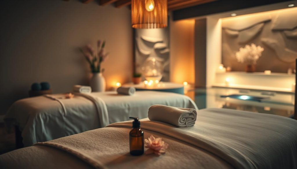 A serene spa setting with a focus on wellness applications. A dimly lit room with soft, warm lighting illuminating plush massage tables, each adorned with pristine white linens. Calming floral arrangements and fragrant essential oils permeate the air, creating a tranquil atmosphere. In the background, a blurred reflection of a tranquil water feature, its soothing sounds adding to the relaxing ambiance. The camera angle is low, capturing the inviting and comforting nature of the spa experience. The overall tone is one of rejuvenation, relaxation, and a holistic approach to wellness.