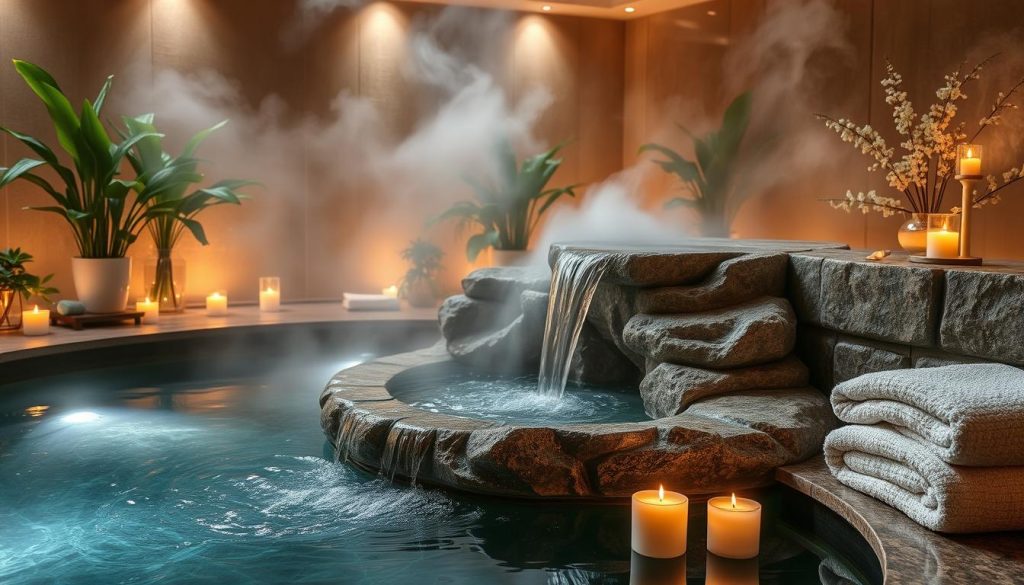 A serene spa setting with a tranquil ambiance. A natural stone fountain cascades into a pool of crystal-clear water, surrounded by lush greenery and calming lighting. Soft, diffused illumination creates a soothing atmosphere, while steam gently rises, enveloping the space. Luxurious spa amenities, such as plush towels and aromatic candles, are artfully arranged, conveying a sense of pampering and relaxation. The overall composition exudes a harmonious balance of natural elements and elegant design, perfectly capturing the rejuvenating benefits of a spa experience. A serene spa setting with a tranquil ambiance. A natural stone fountain cascades into a pool of crystal-clear water, surrounded by lush greenery and calming lighting. Soft, diffused illumination creates a soothing atmosphere, while steam gently rises, enveloping the space. Luxurious spa amenities, such as plush towels and aromatic candles, are artfully arranged, conveying a sense of pampering and relaxation. The overall composition exudes a harmonious balance of natural elements and elegant design, perfectly capturing the rejuvenating benefits of a spa experience.
