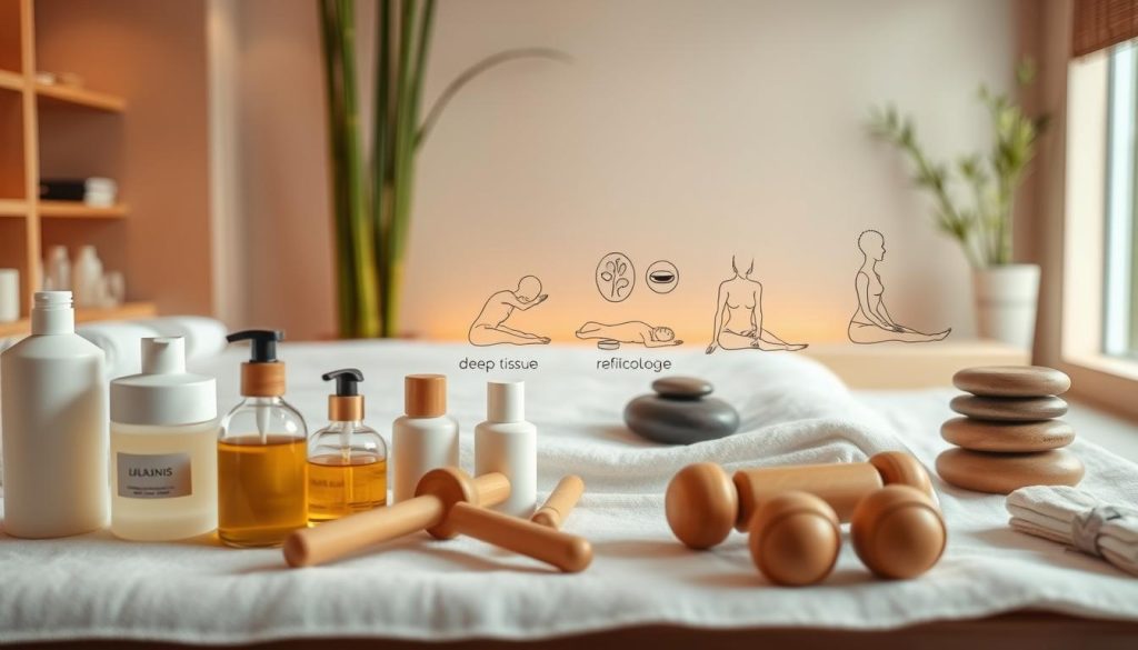 A serene spa setting with an array of massage tools and techniques on display. Soft lighting bathes the scene, creating a soothing ambiance. In the foreground, an assortment of massage oils, lotions, and wooden rollers are neatly arranged. The middle ground features various massage techniques, such as deep tissue, hot stone, and reflexology, depicted through stylized illustrations or sketches. The background showcases a tranquil, minimalist interior with natural elements like bamboo and river stones, evoking a sense of relaxation and well-being. The overall composition conveys the diverse range of massage modalities and their beneficial effects on the body and mind.