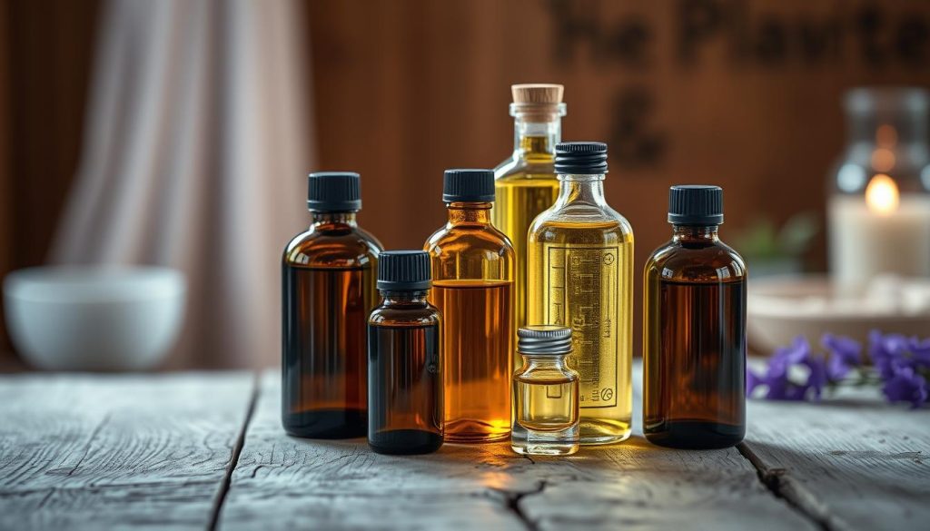 A serene still life composition showcasing an assortment of essential oils in elegant glass bottles, arranged on a rustic wooden surface. The bottles are backlit, casting a warm, inviting glow that highlights the natural colors and textures of the oils. The background is blurred, creating a sense of depth and focus on the subject. The lighting is soft and diffused, evoking a calming, spa-like ambiance. The overall scene radiates a sense of tranquility and the therapeutic benefits of aromatherapy.