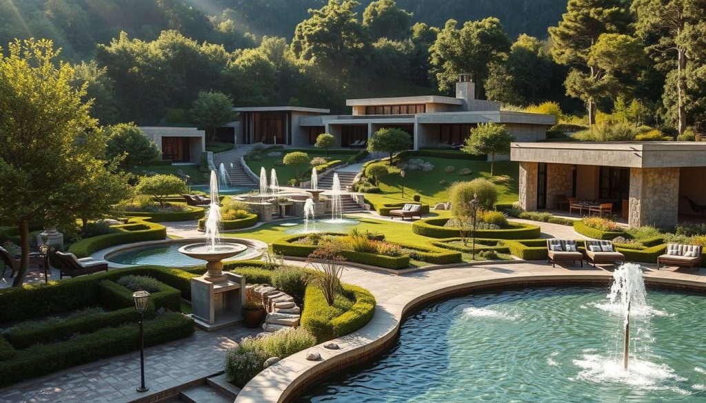 A serene, sun-dappled landscape with manicured gardens, flowing fountains, and elegant, modern spa buildings nestled amidst lush, verdant foliage. The architecture blends natural elements like stone and wood with sleek, contemporary lines, creating a harmonious, luxurious atmosphere. Soft, diffused lighting casts a warm, soothing glow over the scene, inviting visitors to indulge in rejuvenating treatments and wellness experiences. The overall mood is one of tranquility, relaxation, and elevated, thoughtful design, capturing the essence of the world's most renowned spa destinations. A serene, sun-dappled landscape with manicured gardens, flowing fountains, and elegant, modern spa buildings nestled amidst lush, verdant foliage. The architecture blends natural elements like stone and wood with sleek, contemporary lines, creating a harmonious, luxurious atmosphere. Soft, diffused lighting casts a warm, soothing glow over the scene, inviting visitors to indulge in rejuvenating treatments and wellness experiences. The overall mood is one of tranquility, relaxation, and elevated, thoughtful design, capturing the essence of the world's most renowned spa destinations.