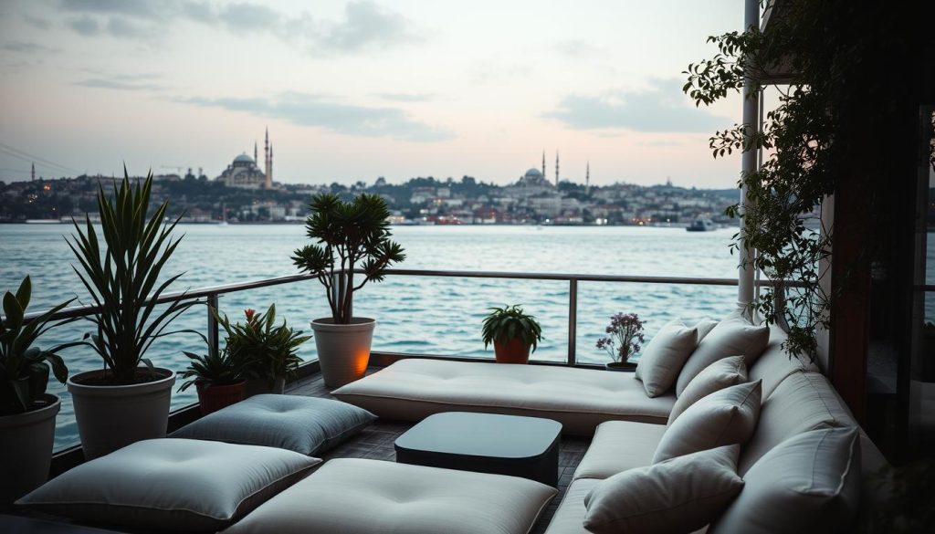 A serene terrace overlooking the Bosphorus in Üsküdar, Istanbul. Plush cushions and pillows invite visitors to sink into a state of relaxation. Warm, diffused lighting bathes the space, creating a cozy, intimate atmosphere. Potted plants and greenery lend a tranquil, natural touch. In the distance, the iconic minarets of nearby mosques punctuate the skyline. The gentle breeze carries the soothing sounds of lapping waves. This picturesque scene evokes a sense of peaceful respite from the bustling city below. A serene terrace overlooking the Bosphorus in Üsküdar, Istanbul. Plush cushions and pillows invite visitors to sink into a state of relaxation. Warm, diffused lighting bathes the space, creating a cozy, intimate atmosphere. Potted plants and greenery lend a tranquil, natural touch. In the distance, the iconic minarets of nearby mosques punctuate the skyline. The gentle breeze carries the soothing sounds of lapping waves. This picturesque scene evokes a sense of peaceful respite from the bustling city below.