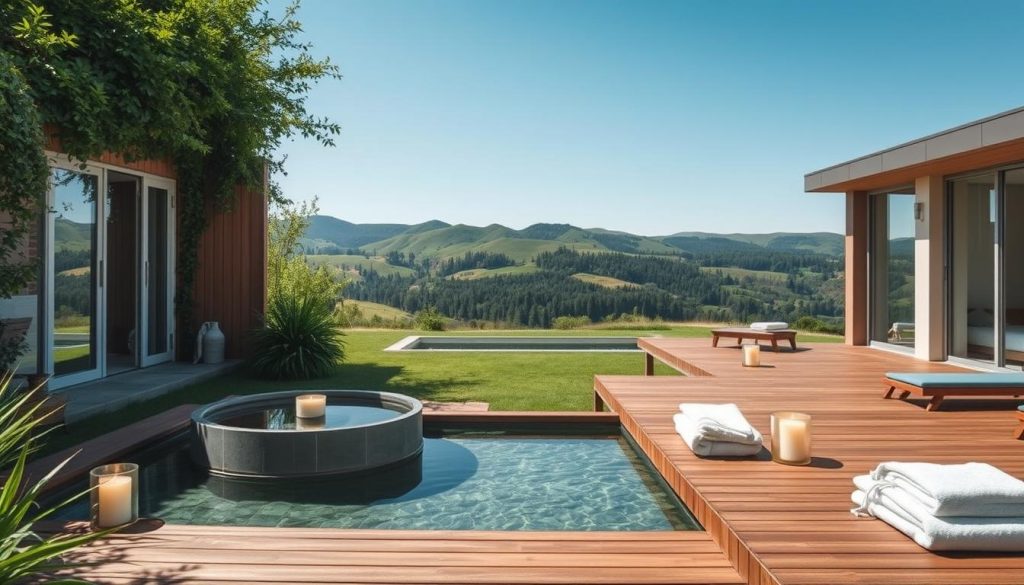 A serene wellness retreat nestled in a lush, verdant landscape. The foreground features a tranquil outdoor spa area with a wooden deck, a soothing water feature, and an array of holistic wellness amenities like yoga mats, aromatherapy candles, and plush towels. The middle ground showcases a modern, minimalist wellness center with floor-to-ceiling windows, allowing natural light to flood the space. The background depicts rolling hills, a clear blue sky, and a distant forest, creating a sense of peaceful isolation. The overall mood is one of personalized, restorative well-being, with a focus on customized experiences that nourish the mind, body, and spirit. A serene wellness retreat nestled in a lush, verdant landscape. The foreground features a tranquil outdoor spa area with a wooden deck, a soothing water feature, and an array of holistic wellness amenities like yoga mats, aromatherapy candles, and plush towels. The middle ground showcases a modern, minimalist wellness center with floor-to-ceiling windows, allowing natural light to flood the space. The background depicts rolling hills, a clear blue sky, and a distant forest, creating a sense of peaceful isolation. The overall mood is one of personalized, restorative well-being, with a focus on customized experiences that nourish the mind, body, and spirit.