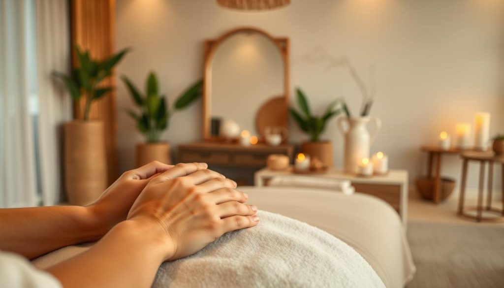 A spa-like setting with soothing lighting, natural textures, and serene ambiance. In the foreground, delicate hands gently kneading and manipulating muscle groups, using various massage techniques such as Swedish, deep tissue, and shiatsu. The middle ground showcases a tranquil, minimalist massage table with clean linens and aromatherapy candles. The background subtly hints at an elegant, zen-inspired interior with wooden accents, potted plants, and a muted color palette, creating a calming, restorative atmosphere.