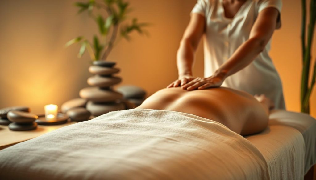 A tranquil Swedish massage scene in a serene, dimly lit room. Soft, warm lighting casts a peaceful glow, highlighting the delicate textures of the massage table's crisp linens. In the foreground, the skilled masseuse's hands work with gentle, flowing motions, easing tension from the client's back. The background features soothing natural elements like river stones, bamboo, and a calming water feature, creating a meditative atmosphere conducive to relaxation and immune system enhancement.