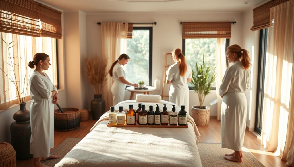 A tranquil massage therapy studio in Kadıköy, Istanbul. The interior is bathed in warm, natural lighting that filters through large windows, creating a serene ambiance. On the central massage table, an array of high-quality massage oils and lotions are neatly arranged, ready to be used by the professional massage therapists. The therapists, dressed in crisp white uniforms, move with a sense of calm expertise, their movements graceful and focused as they knead away the stresses of the day. The room is adorned with soothing, earthy tones and natural materials, such as bamboo and river stones, evoking a sense of wellness and renewal. An overall atmosphere of relaxation and rejuvenation permeates the space, inviting the viewer to unwind and indulge in the benefits of a restorative ayaküstü massage. A tranquil massage therapy studio in Kadıköy, Istanbul. The interior is bathed in warm, natural lighting that filters through large windows, creating a serene ambiance. On the central massage table, an array of high-quality massage oils and lotions are neatly arranged, ready to be used by the professional massage therapists. The therapists, dressed in crisp white uniforms, move with a sense of calm expertise, their movements graceful and focused as they knead away the stresses of the day. The room is adorned with soothing, earthy tones and natural materials, such as bamboo and river stones, evoking a sense of wellness and renewal. An overall atmosphere of relaxation and rejuvenation permeates the space, inviting the viewer to unwind and indulge in the benefits of a restorative ayaküstü massage.