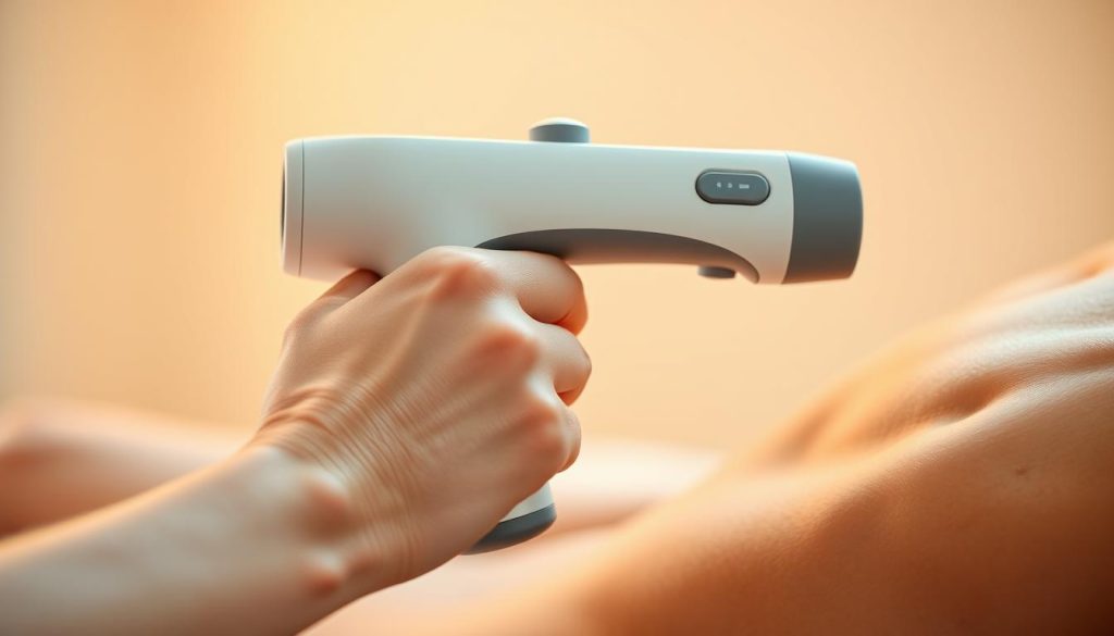 A well-lit, close-up view of a person's hand holding and operating a modern, sleek electric massage device. The device has a smooth, ergonomic design with intuitive controls and various massage attachment heads. The hand gently glides the device across a tense, relaxed muscle group, showcasing the device's functionality and ease of use. The background is blurred, keeping the focus on the massage device and its interaction with the body. The lighting is warm and inviting, creating a serene, calming atmosphere that accentuates the relaxation experience. The composition highlights the simplicity and effectiveness of the massage device, inviting the viewer to imagine its therapeutic benefits. A well-lit, close-up view of a person's hand holding and operating a modern, sleek electric massage device. The device has a smooth, ergonomic design with intuitive controls and various massage attachment heads. The hand gently glides the device across a tense, relaxed muscle group, showcasing the device's functionality and ease of use. The background is blurred, keeping the focus on the massage device and its interaction with the body. The lighting is warm and inviting, creating a serene, calming atmosphere that accentuates the relaxation experience. The composition highlights the simplicity and effectiveness of the massage device, inviting the viewer to imagine its therapeutic benefits.