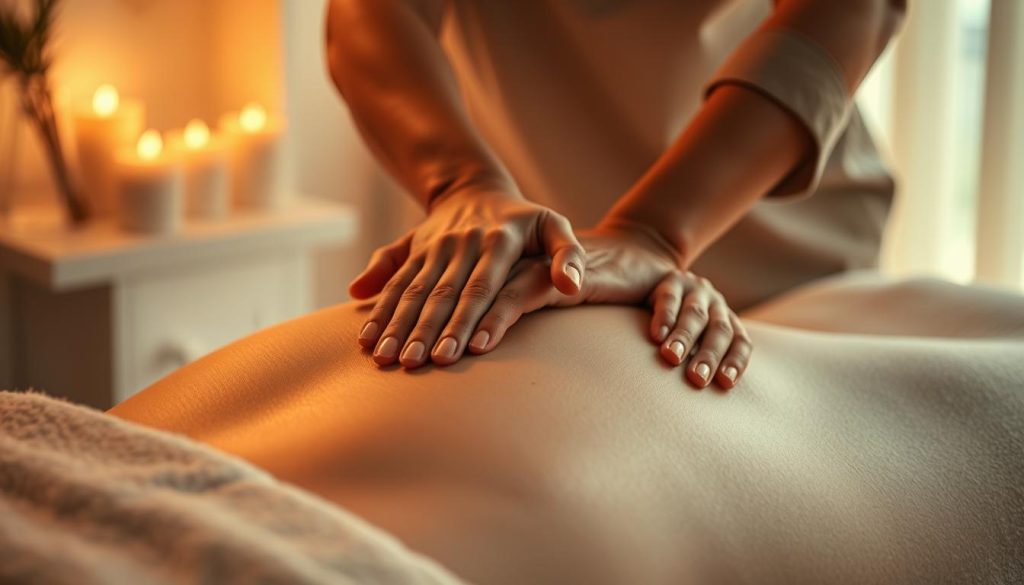 Detailed deep tissue massage techniques: A serene scene of skilled hands gently kneading and manipulating muscle fibers, promoting relaxation and rejuvenation. Warm, soothing lighting casts a calming ambiance, while the setting exudes a tranquil, spa-like atmosphere. Smooth, flowing motions and strategic pressure points alleviate tension, leaving the body feeling refreshed and renewed. Soft, neutral tones and a minimalist, contemporary design showcase the professionalism and expertise of the massage practice.