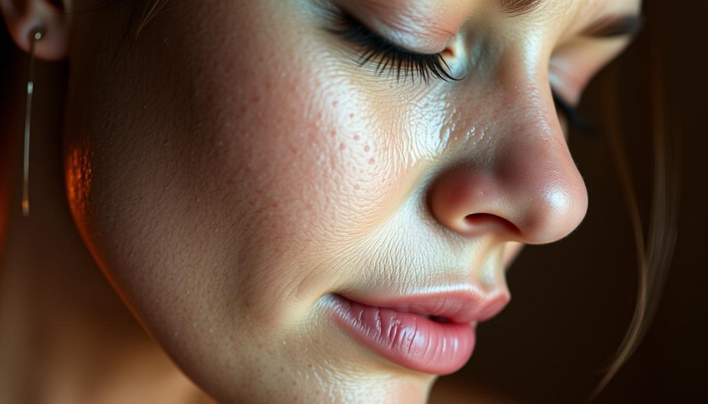 a close-up, detailed image of a woman's face with an oily, shiny complexion, showing the pores and uneven texture of the skin. The lighting is soft and diffused, creating a warm, intimate atmosphere. The focus is on the skin, with the background blurred and indistinct. The image conveys a sense of the importance of proper skincare and the benefits of a massage-based routine for managing oily skin. The composition emphasizes the central subject, drawing the viewer's attention to the skin's characteristics and the need for a tailored approach to facial care. a close-up, detailed image of a woman's face with an oily, shiny complexion, showing the pores and uneven texture of the skin. The lighting is soft and diffused, creating a warm, intimate atmosphere. The focus is on the skin, with the background blurred and indistinct. The image conveys a sense of the importance of proper skincare and the benefits of a massage-based routine for managing oily skin. The composition emphasizes the central subject, drawing the viewer's attention to the skin's characteristics and the need for a tailored approach to facial care.