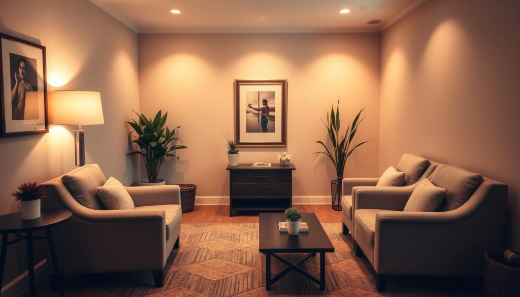 A cozy and inviting consultation room, bathed in warm, soft lighting. Plush armchairs and a low table, creating an atmosphere of tranquility and relaxation. Subtle decorative elements, such as potted plants and a framed artwork, add a touch of sophistication. The walls are painted in a soothing, neutral palette, allowing the focus to remain on the calming ambiance. The room is designed to put the client at ease, fostering an environment conducive to open and thoughtful discussion prior to the massage therapy session.