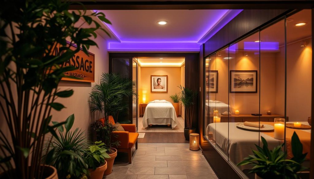 A cozy and inviting massage parlor in Bakırköy, with a warm and relaxing atmosphere. The entrance is flanked by potted plants and a wooden sign, leading to a reception area with plush seating. In the background, a hallway reveals softly lit treatment rooms, each with a massage table, soothing scented candles, and calming artwork on the walls. The lighting is muted, creating a serene ambiance, and the floors are covered in natural stone tiles. The overall impression is one of professionalism, comfort, and attention to detail, reflecting the high-quality massage services offered within.