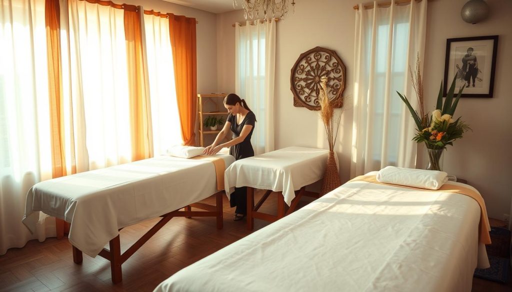 A cozy and serene massage salon nestled in the heart of Kadıköy, filled with the warm glow of natural lighting filtering through sheer curtains. Plush massage tables draped in crisp, white linens await patrons, surrounded by soothing earth-toned decor and the gentle aroma of aromatherapy oils. Soft ambient music sets the tranquil mood, as a skilled masseuse administers a therapeutic massage, her nimble fingers kneading away the stresses of the day. The space exudes an air of professionalism and relaxation, inviting visitors to unwind and indulge in the ultimate pampering experience.