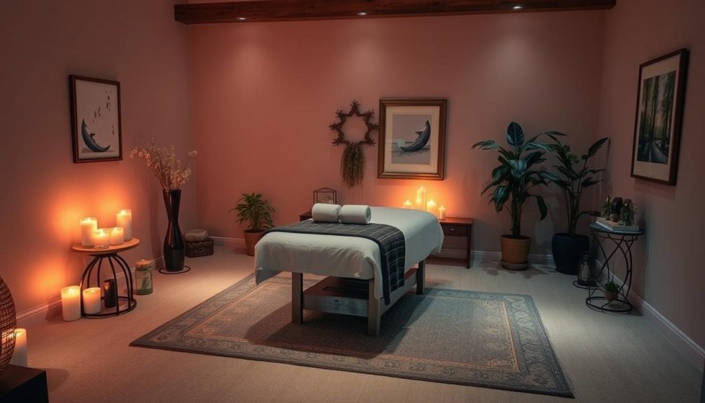 A cozy and serene massage studio in a warm, inviting home setting. Soft ambient lighting casts a gentle glow, creating a tranquil atmosphere. A plush massage table sits in the center, surrounded by calming decor like candles, plants, and soothing artwork. The space exudes an atmosphere of relaxation and rejuvenation, offering a luxurious and private in-home massage experience.