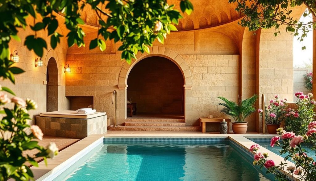 A cozy and serene traditional Turkish hammam, its warm stone walls and domed ceilings bathed in a soft, golden light. In the foreground, a modern, minimalist spa experience, with a tranquil, mirror-like pool reflecting the surrounding natural elements. Lush greenery and fragrant flowers frame the scene, creating a harmonious blend of ancient tradition and contemporary wellness. The overall atmosphere is one of relaxation, indulgence, and a sense of timeless, cultural immersion.