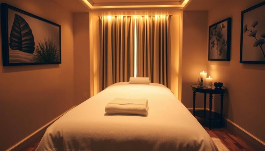A cozy, warm-lit massage parlor interior with a plush, inviting massage table at the center. The table is adorned with crisp white linens and a stack of folded towels. Soft ambient lighting casts a gentle glow, creating a tranquil, spa-like atmosphere. The walls are decorated with soothing, nature-inspired artwork, and a small side table holds a selection of essential oils and aromatherapy candles. The overall scene conveys a sense of relaxation, comfort, and professionalism, setting the stage for a luxurious and rejuvenating massage experience.