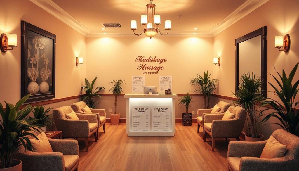 A cozy, warm-lit massage parlor interior with plush upholstered chairs, calming pastel walls, and potted plants. Soft lighting from wall sconces and a central chandelier creates a soothing ambiance. The reception desk is situated in the middle, displaying professional massage packages and price lists in a clear, organized manner. The space exudes a sense of relaxation and wellness, inviting customers to indulge in Kadıköy's exceptional massage services at transparent, budget-friendly rates.