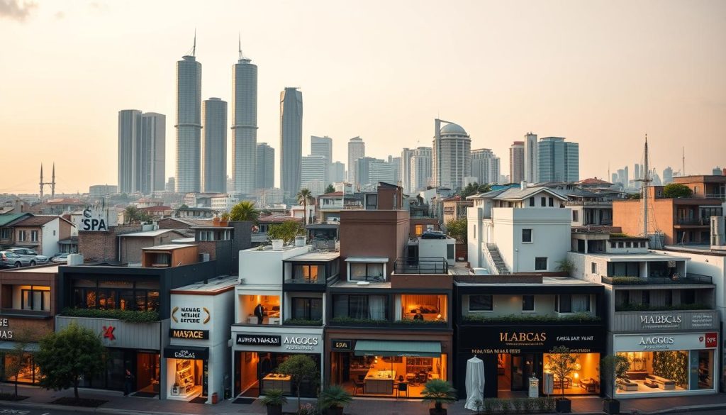 A detailed cityscape of Istanbul's Avrupa Yakası district, showcasing the spa and massage salon offerings across its various neighborhoods. The scene depicts a vibrant, bustling urban landscape, with imposing skyscrapers in the background and a range of spa and wellness centers dotted throughout the foreground and middle ground. The buildings feature modern, sleek architectural designs, with inviting entrances and signage highlighting the various services and price points available. The lighting is soft and warm, creating a serene and relaxing atmosphere, while the color palette is a harmonious blend of earthy tones and pops of natural greenery. The overall composition is balanced and visually appealing, providing a comprehensive overview of the diverse spa and massage options available in this popular district of Istanbul.