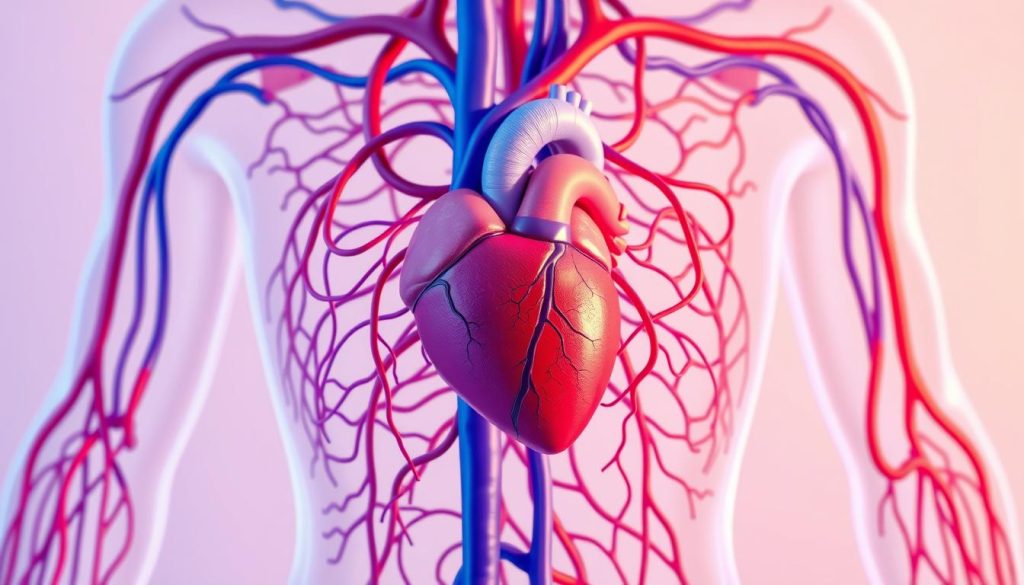 A detailed illustration of the human circulatory system, showcasing the intricate network of blood vessels carrying oxygenated and deoxygenated blood throughout the body. The scene depicts the heart as the central pumping mechanism, surrounded by a vibrant red, blue, and purple color palette to represent the flow of blood. The composition emphasizes the complexity and interconnectedness of the cardiovascular system, with clear anatomical details and a sense of depth and dimensionality. The lighting is soft and diffused, creating a serene and informative atmosphere suitable for a medical or educational context. The image aims to visually convey the scientific benefits of massage in promoting healthy blood circulation and overall bodily recovery.