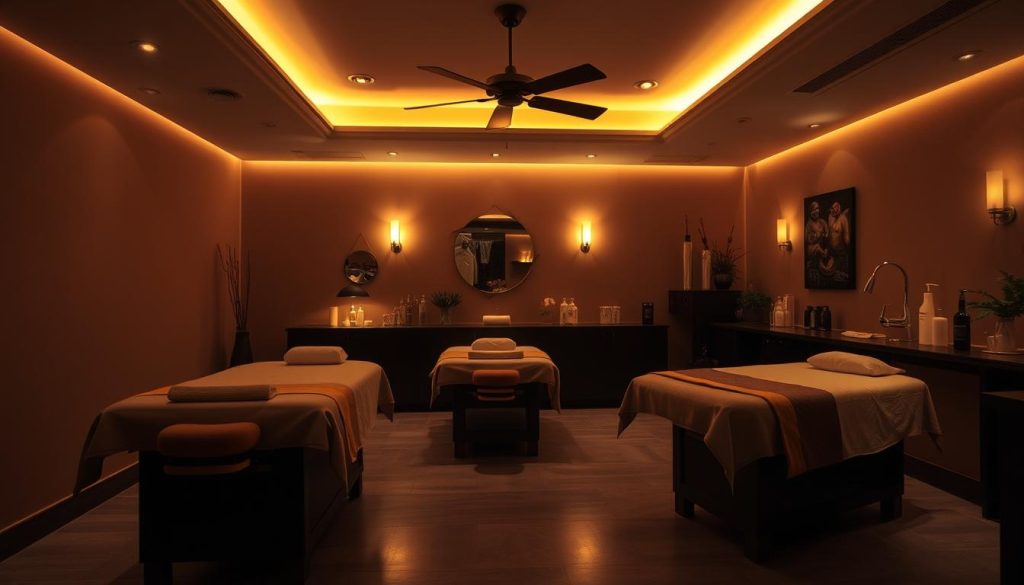 A dimly lit, luxurious massage parlor interior. Soft, warm lighting bathes the space, creating a serene, relaxing atmosphere. Plush, leather massage tables stand ready, accompanied by an array of massage oils and lotions. In the background, elegant decor and soothing, instrumental music set the mood for a professional, therapeutic experience. The camera captures the scene from a slightly elevated perspective, emphasizing the inviting and tranquil ambiance, ready to provide a personalized, rejuvenating massage session.