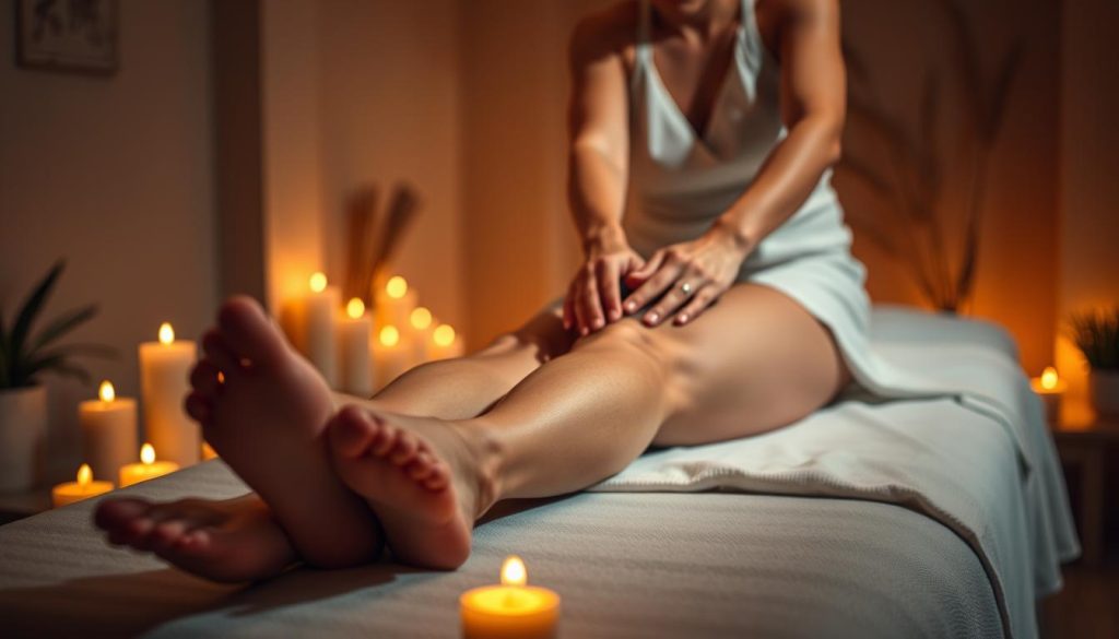 A dimly lit massage parlor, with soft, warm lighting illuminating a serene, calming atmosphere. In the foreground, a pair of muscular legs and feet resting on a padded massage table, surrounded by soothing aromatherapy candles and essential oils. In the middle ground, the skilled hands of a masseuse gently kneading and manipulating the tense, aching muscles, easing the tension and discomfort. The background features a serene, minimalist design with subtle, natural elements like potted plants, creating a sense of tranquility and relaxation. The overall mood is one of deep relaxation, pain relief, and rejuvenation.