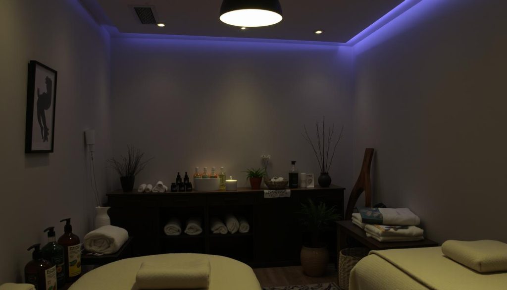 A dimly lit massage therapy studio in Kadıköy, with soft lighting and serene ambiance. Various massage modalities are depicted, including Swedish, deep tissue, and aromatherapy. The scene showcases an array of massage oils, towels, and other related accessories, all arranged in a visually appealing manner. The overall atmosphere conveys a sense of relaxation and wellness, suitable for the professional massage services catering to male clientele in the area.