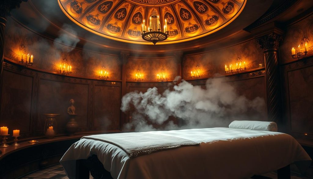 A dimly lit, ornate traditional Turkish bath, its domed ceiling and marble walls reflecting the warm glow of candlelight. In the foreground, a luxurious massage table with plush linens, surrounded by intricate, carved wood and metal accents. Aromatic steam fills the air, mingling with the scent of fragrant oils. The scene conveys a sense of timeless elegance and tranquility, blending the centuries-old traditions of the Turkish hammam with modern massage techniques for a truly immersive sensory experience.