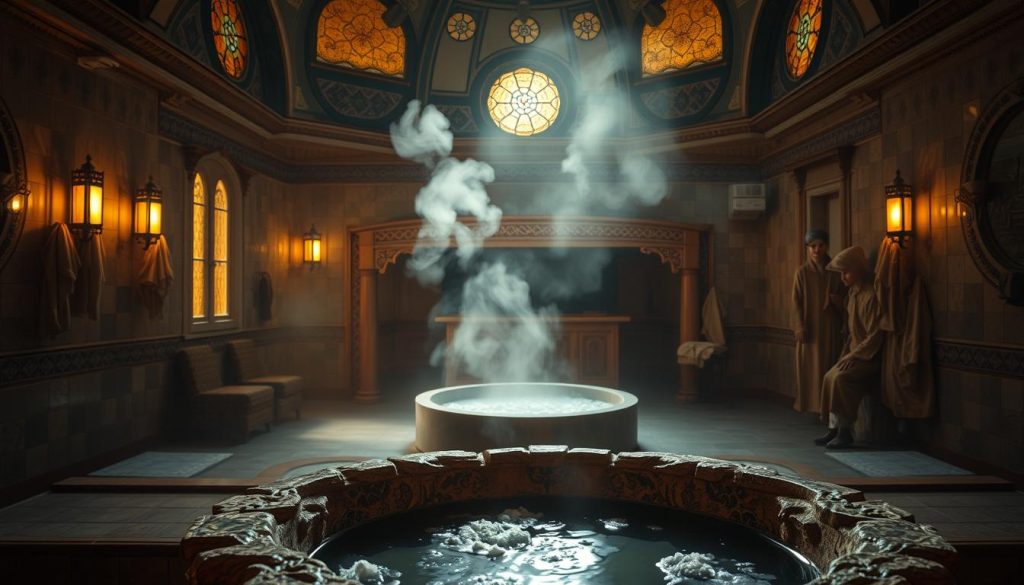 A dimly lit traditional Turkish bath, with ornate tile walls and domed ceilings. Soft, diffused lighting filters through stained glass windows, casting a warm, amber glow. In the foreground, a large, stone-carved sink filled with fragrant oils and exfoliating scrubs. Plumes of steam rise from a central, sunken marble basin, creating an atmosphere of tranquility and relaxation. The middle ground features a raised platform with luxurious, plush towels and robes, inviting visitors to indulge in the rejuvenating rituals of the hammam. The background blends into a serene, atmospheric scene, hinting at the restorative and purifying nature of this centuries-old Turkish bathing experience.