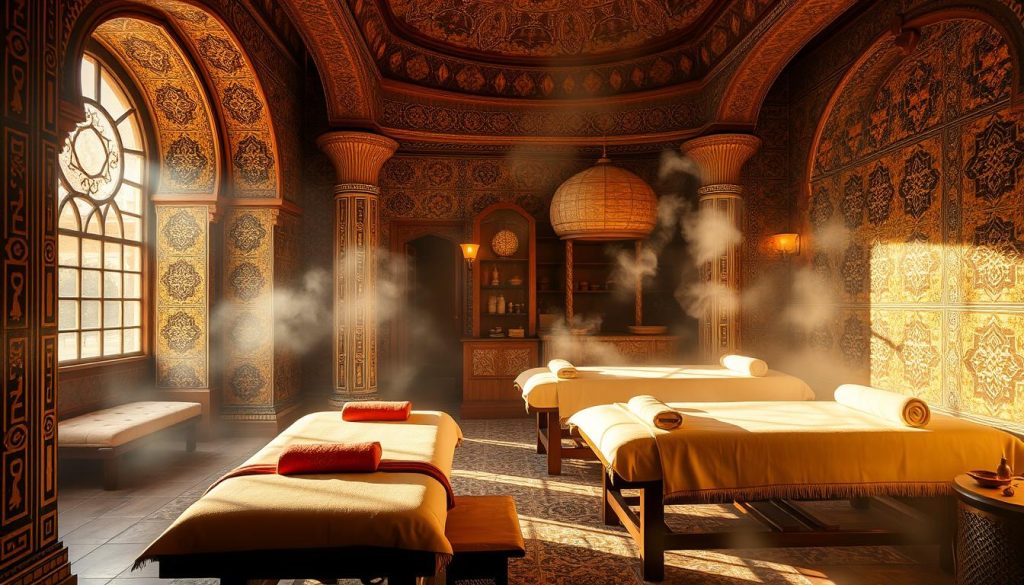A lavish spa setting with ornate Turkish tiles, plush textiles, and warm lighting. Soft shadows cast by architectural elements create an intimate, cocooning atmosphere. Intricate patterns and rich colors evoke the cultural heritage of Asia and the Middle East. Soothing scents of aromatic oils and steam fill the air, as mist gently swirls. Wooden massage tables and plush cushions invite the viewer to experience a tranquil, indulgent moment of relaxation and rejuvenation amidst the luxurious surroundings.