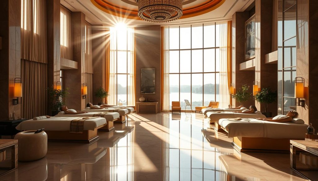 A lush, opulent spa retreat set within a grand, luxurious hotel in Istanbul. Sunlight filters through towering windows, casting a warm, golden glow over the lavish interiors. Sleek marble floors, plush fabrics, and elegant furnishings create an atmosphere of refined sophistication. A sumptuous spa treatment area features a serene, minimalist design with clean lines and soothing tones. Clients relax on comfortable massage tables, immersed in a tranquil, indulgent experience. Aromatherapy scents and the gentle sound of flowing water heighten the sense of relaxation and rejuvenation. The scene evokes a luxurious, high-end spa retreat, perfectly capturing the essence of a premium spa experience in Istanbul.