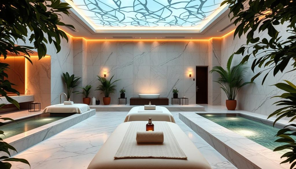 A luxurious Istanbul spa, bathed in warm, soft lighting. Elegant modern interiors with sleek marble surfaces, minimalist decor, and serene water features. Lush greenery frames the scene, creating a tranquil, rejuvenating atmosphere. The focus is on high-end treatments and amenities, with plush massage tables and indulgent aromatherapy elements. The scene exudes a sense of sophisticated relaxation, inviting the viewer to experience the finest in Istanbul's spa culture.