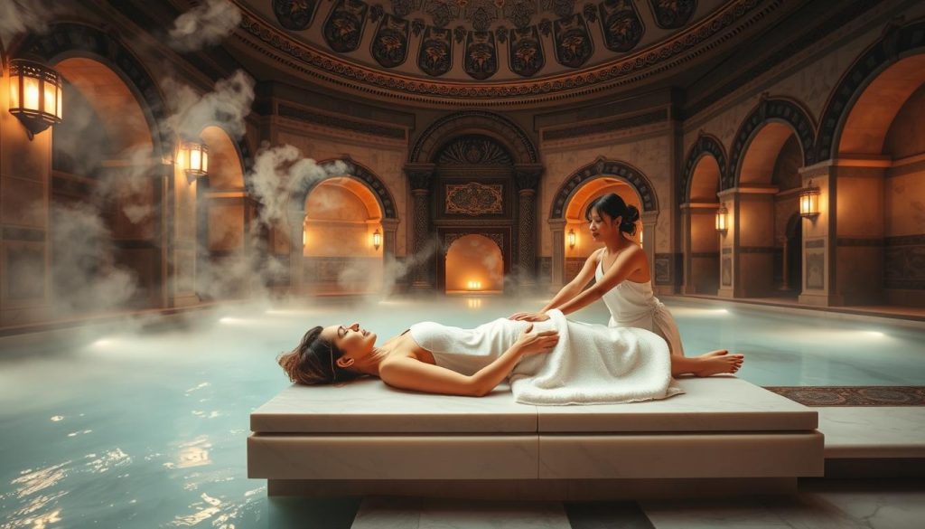 A luxurious Turkish bath (hamamı) scene, with steam-filled air and a soothing atmosphere. In the foreground, a woman reclines on a marble slab, receiving a relaxing foam massage (köpük masajı) from a skilled attendant. Soft, warm lighting illuminates the scene, creating a tranquil, spa-like ambiance. The middle ground features ornate architecture and tile work, characteristic of traditional Ottoman-era Turkish baths. In the background, a domed ceiling and arched alcoves add to the authentic, historical setting. The overall mood is one of pampering, relaxation, and immersion in a centuries-old cultural experience.
