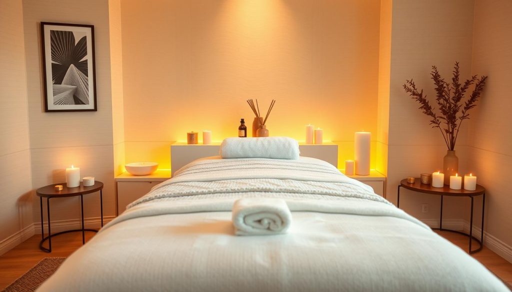 A luxurious aromatherapy massage setting with a cozy, intimate ambiance. The scene features an elegantly designed massage table adorned with plush towels and pillows, surrounded by a minimalist yet sophisticated decor. Soft, warm lighting casts a soothing glow, creating a tranquil atmosphere. Various aromatic candles and diffusers are strategically placed, filling the air with calming scents. The overall composition conveys a sense of personalized, high-end pampering and wellness, tailored to the individual's preferences.