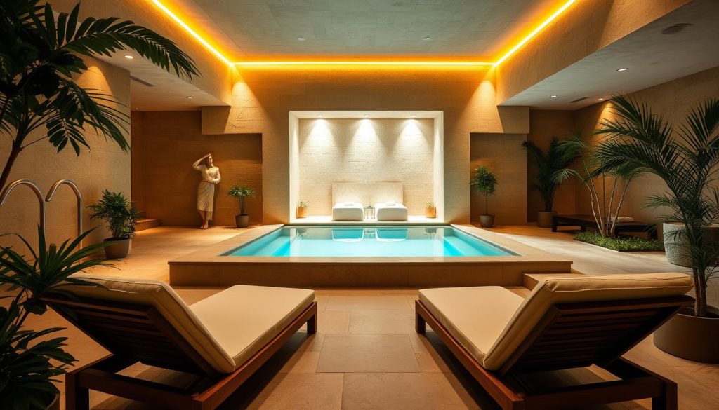 A luxurious couple's spa retreat nestled in the heart of Istanbul, featuring a serene indoor pool surrounded by warm-toned stone walls and soft lighting. Plush lounge chairs invite guests to relax, while a private couples' massage area offers a tranquil space for pampering and rejuvenation. The space exudes an atmosphere of romance and relaxation, with carefully curated decor and amenities that cater to the discerning tastes of the city's elite. Lush greenery and subtle water features enhance the calming ambiance, creating an oasis of tranquility within the bustling metropolis.