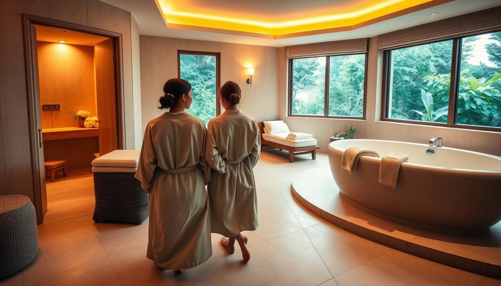 A luxurious couple's suite in a tranquil spa, bathed in warm, golden lighting. Plush robes and slippers await, inviting guests to indulge in a pampering massage ritual infused with soothing aromatherapy oils. The spacious suite features a private steam room, a deep soaking tub, and a cozy sitting area, creating an intimate haven for a romantic wellness retreat. Soft fabrics, natural materials, and muted tones evoke a sense of relaxation, while large windows offer glimpses of lush greenery outside, further immersing visitors in a serene, rejuvenating experience.